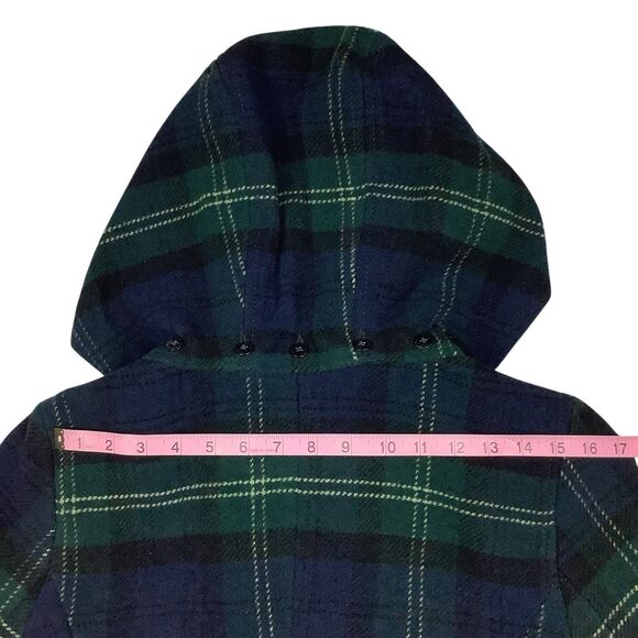 American Eagle Wool Blend Plaid Hooded Pea Coat Jacket Women M L Green Blue Y2K - Picture 9 of 12